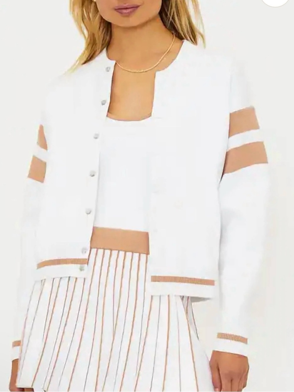 Beach Riot White Bomber Jacket with Tan Stripe Accents
